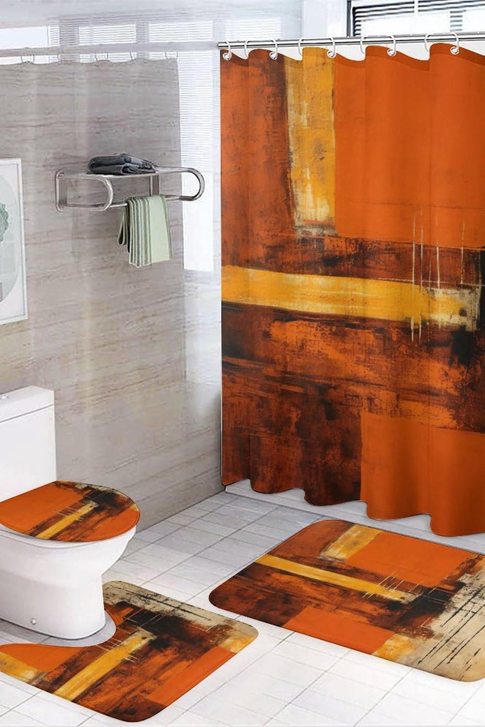 Un baño moderno con telas abstractas y matices vibrantes