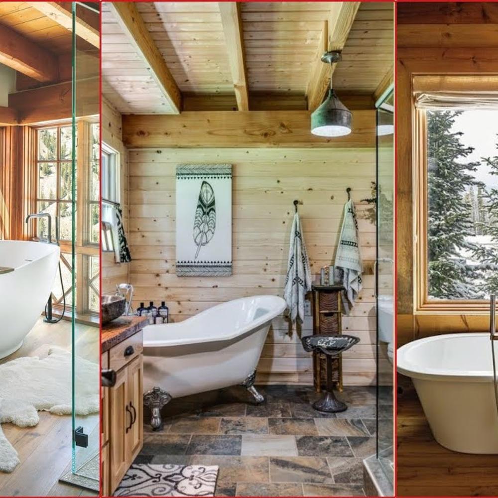 Stylish pendant lights enhancing the rustic vibe of the cabin bathroom.