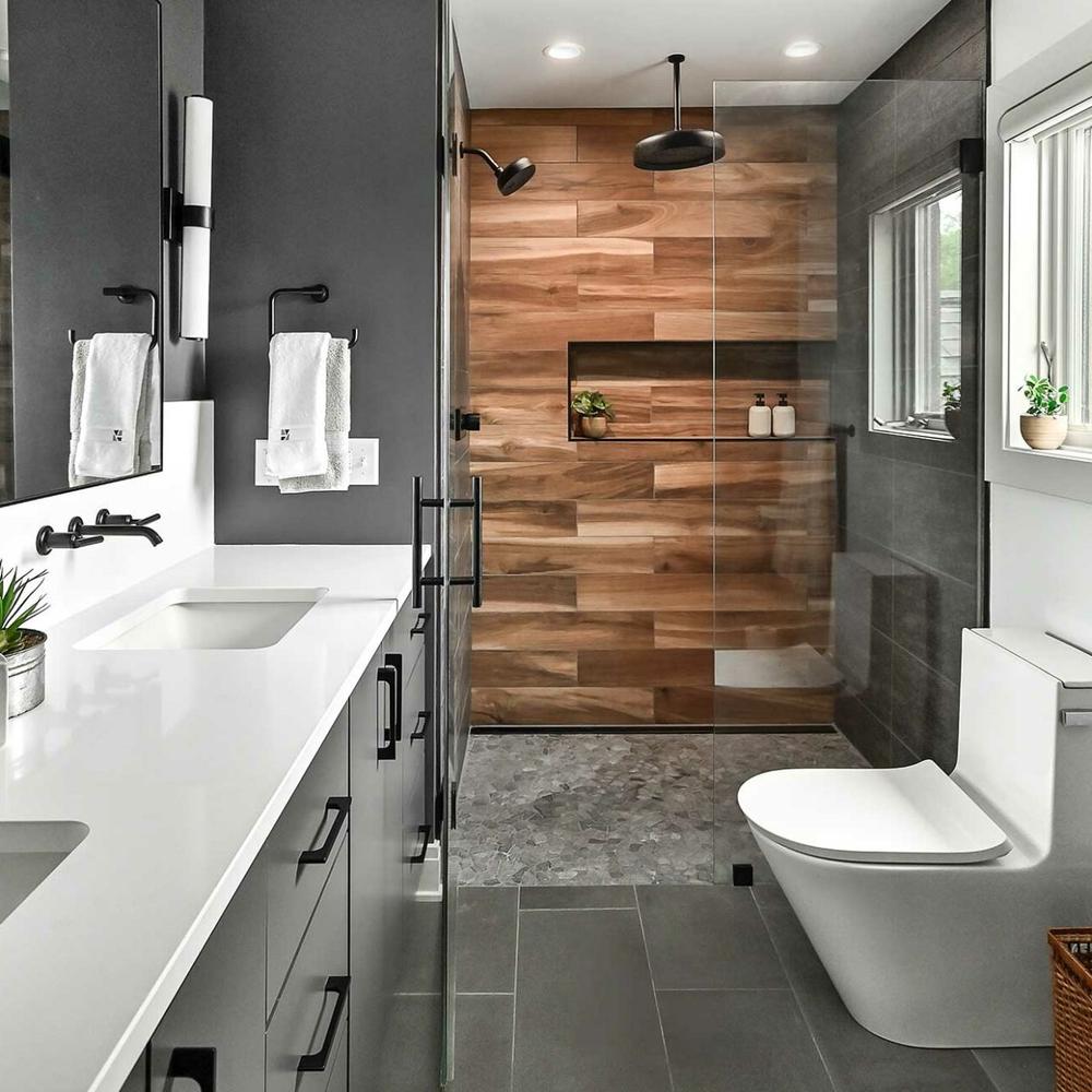 Baño contemporáneo con diseño mezcla de madera y moderno
