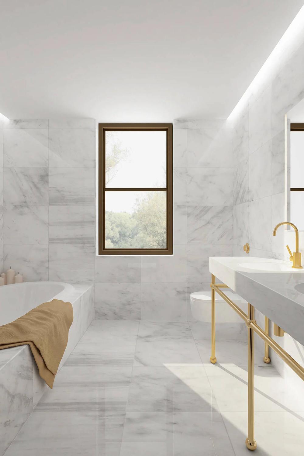 Modern bathroom showcasing vertical textures and elegant marble design