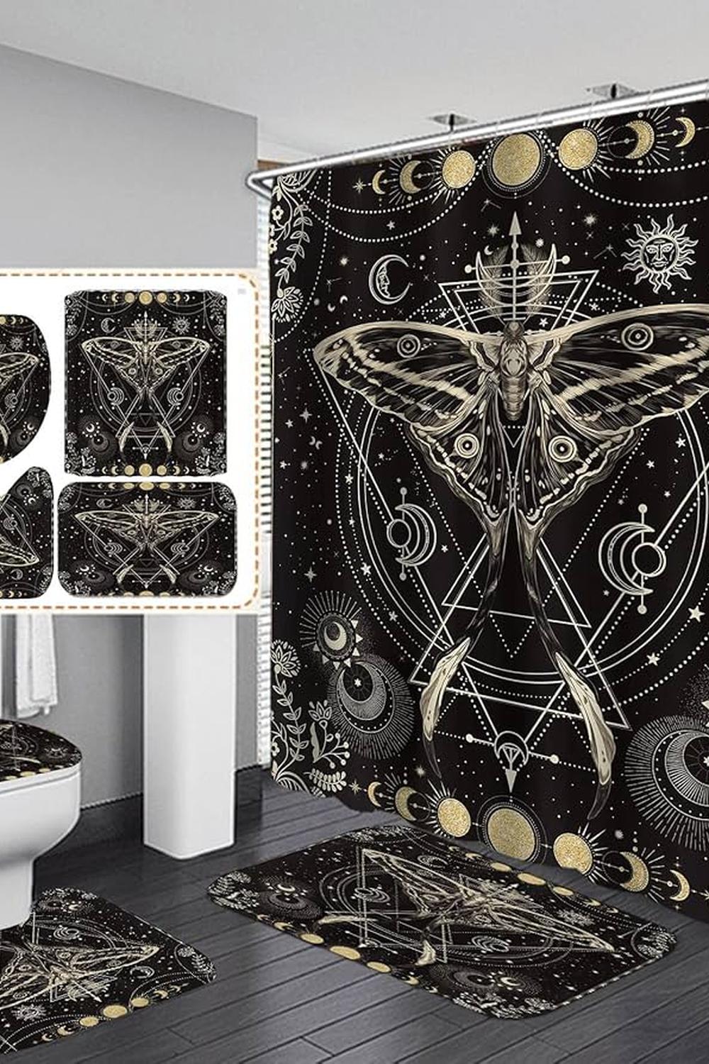 Moth-inspired cosmic bathroom decor.