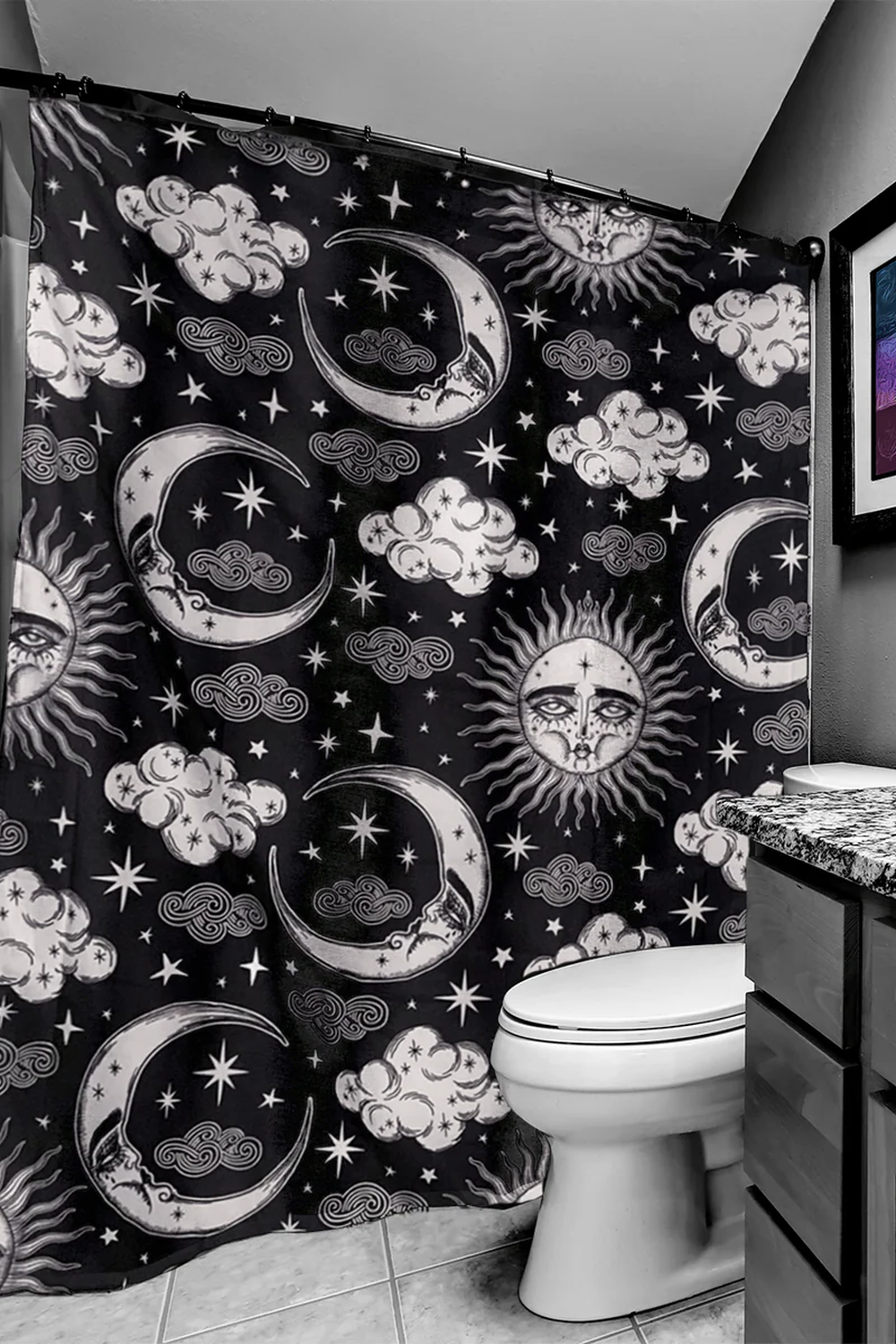 Artistic vibrancy with a celestial-themed shower curtain.