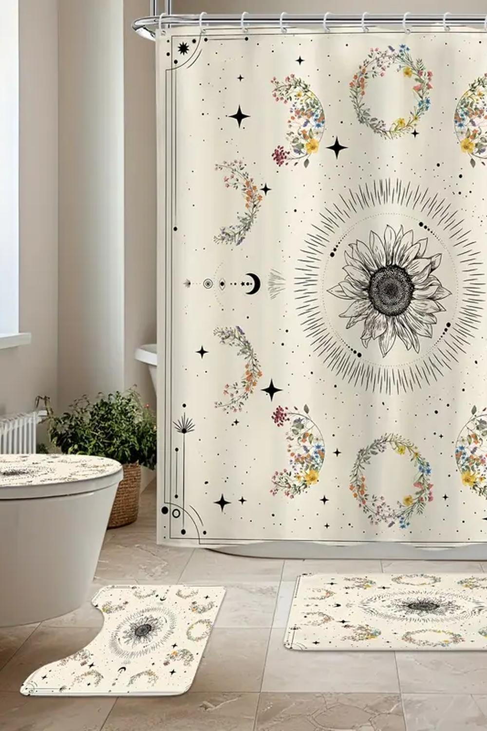 Sunflower with celestial touches in a warm and inviting bathroom.