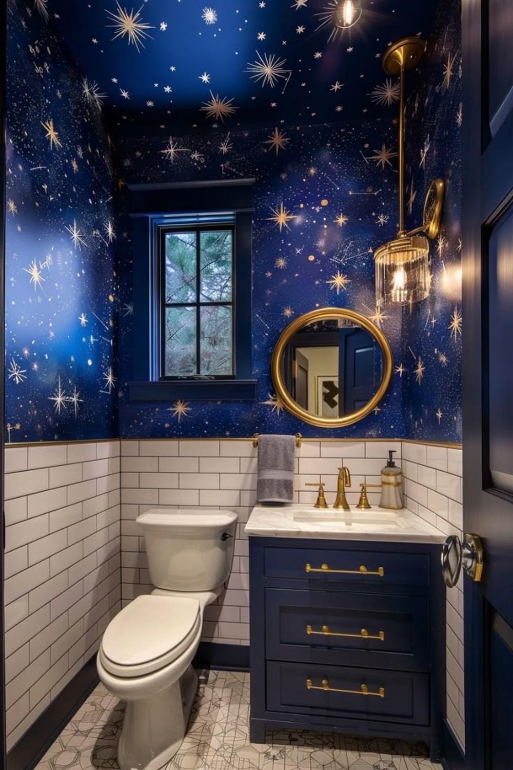 Bold celestial wall design in a charming bathroom space.
