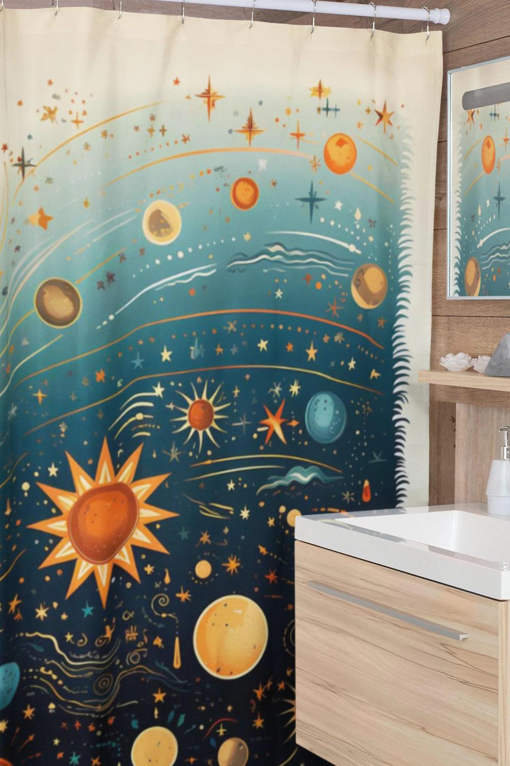 Cosmic shower curtain with earthy tones in a vibrant themed bathroom.