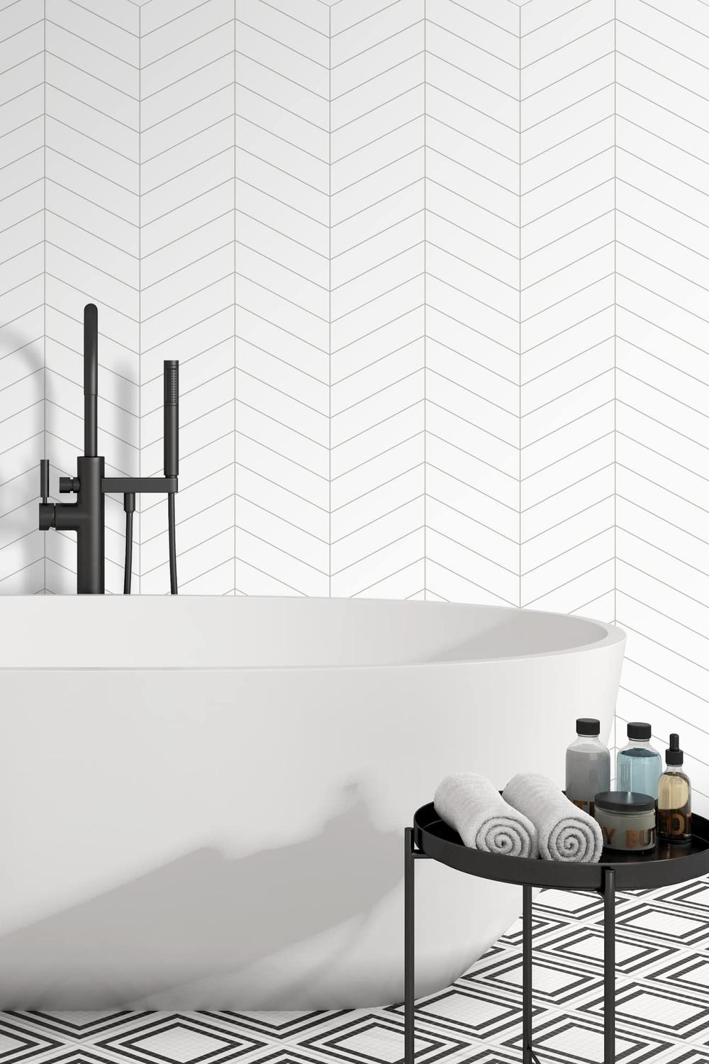Chic bathroom featuring elegant chevron tile design.
