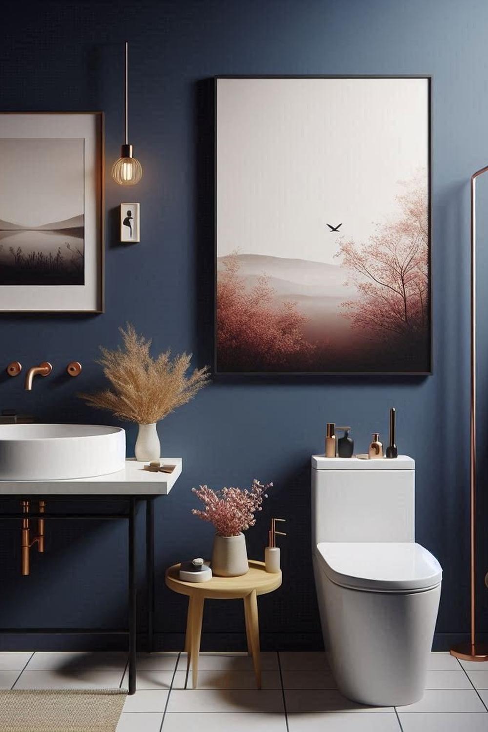Airy navy bathroom with warm accents and a contemporary feel.