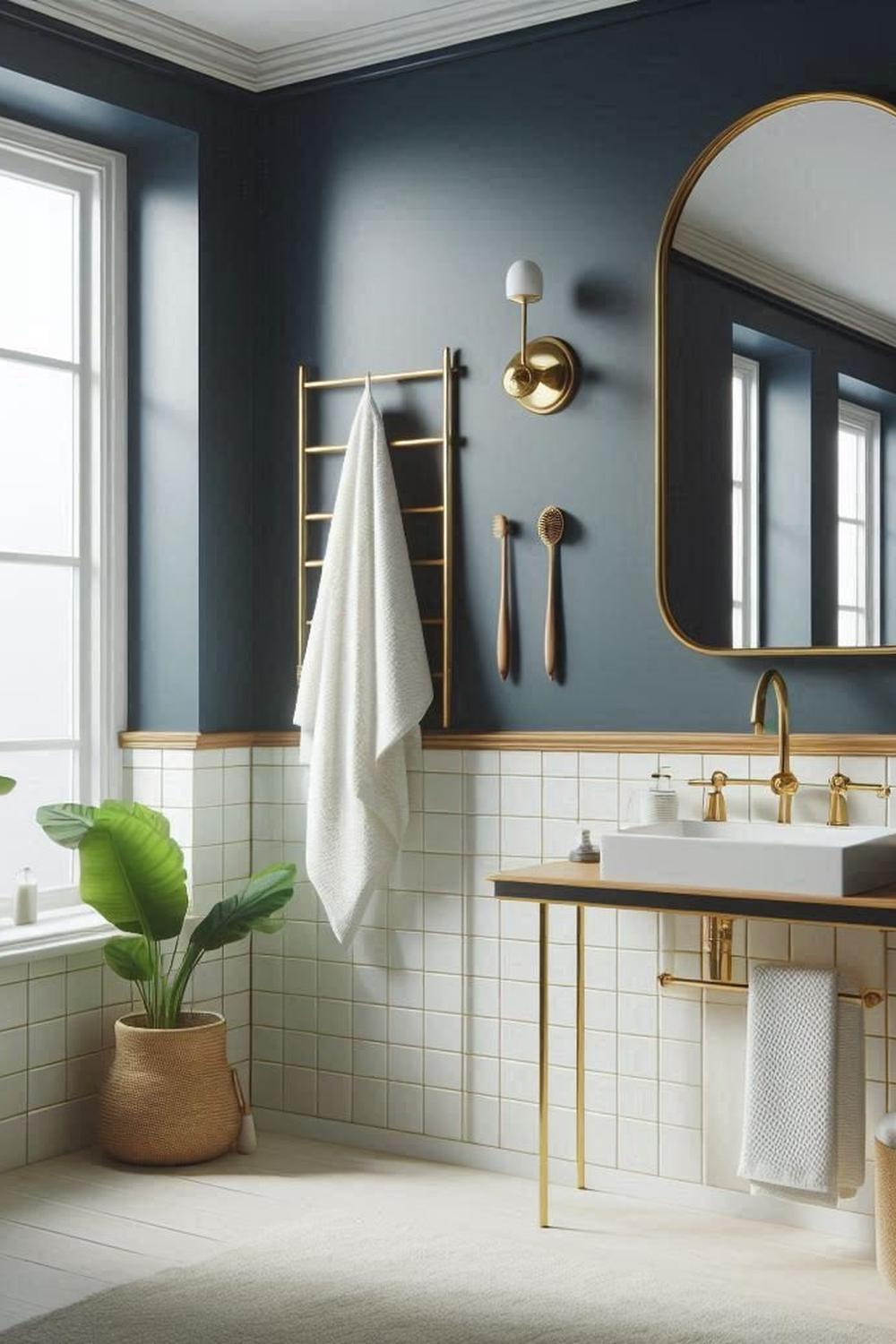 Modern artistic navy bathroom with elegant design choices and a fresh color palette.