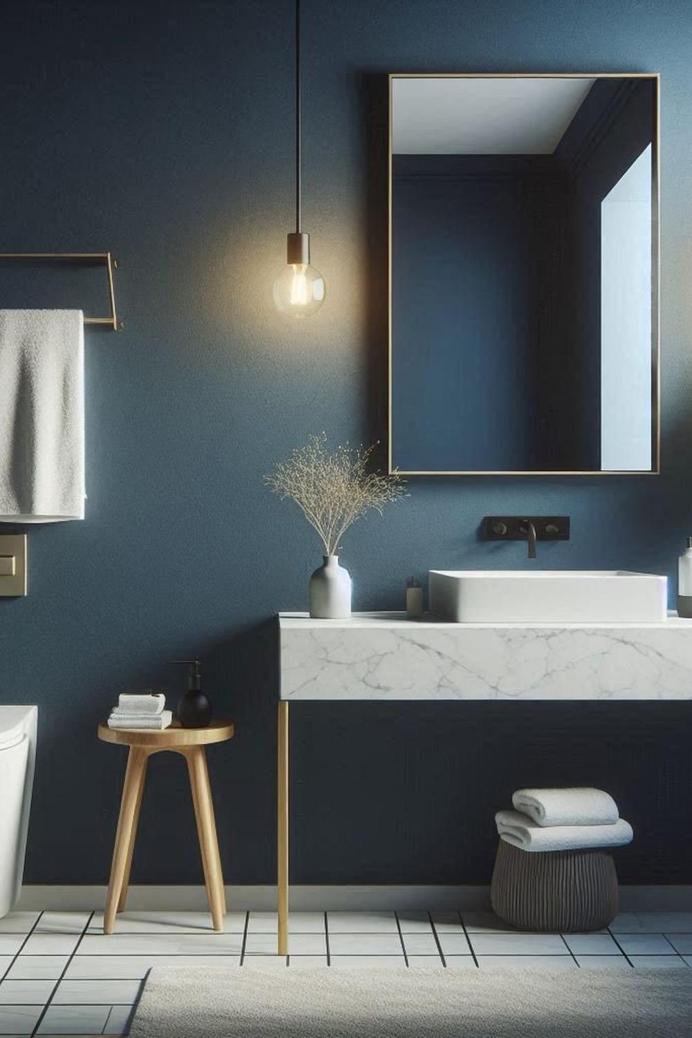 Navy bathroom emphasizes tactile details and modern sensibility with thoughtful lighting.