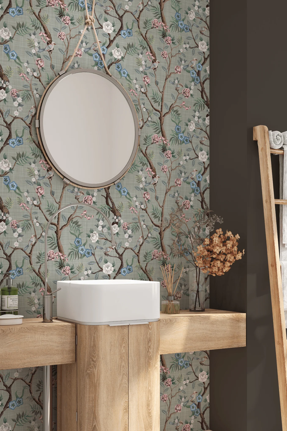 Soft green Chinoiserie wallpaper complemented by whimsical decor and modern fixtures in a bathroom design.