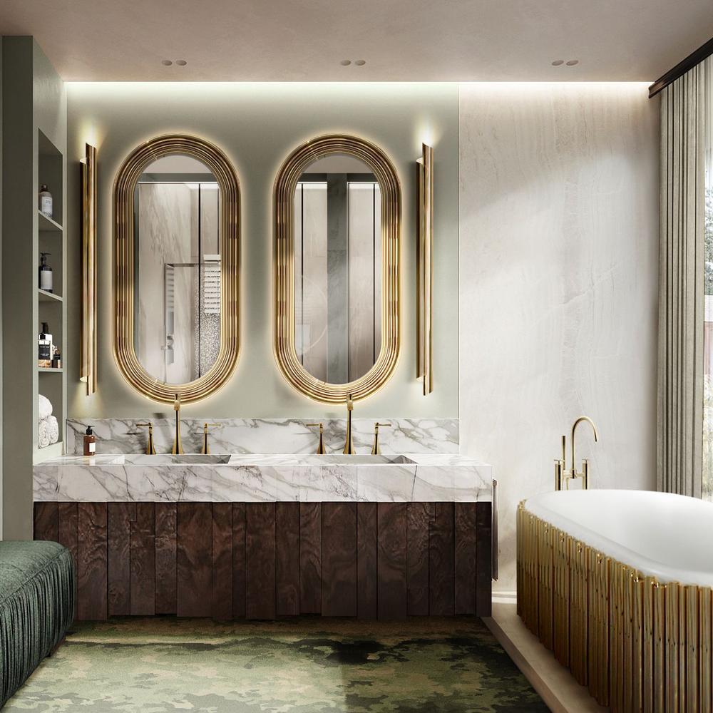 Baño con lavabo doble y muebles de madera oscura