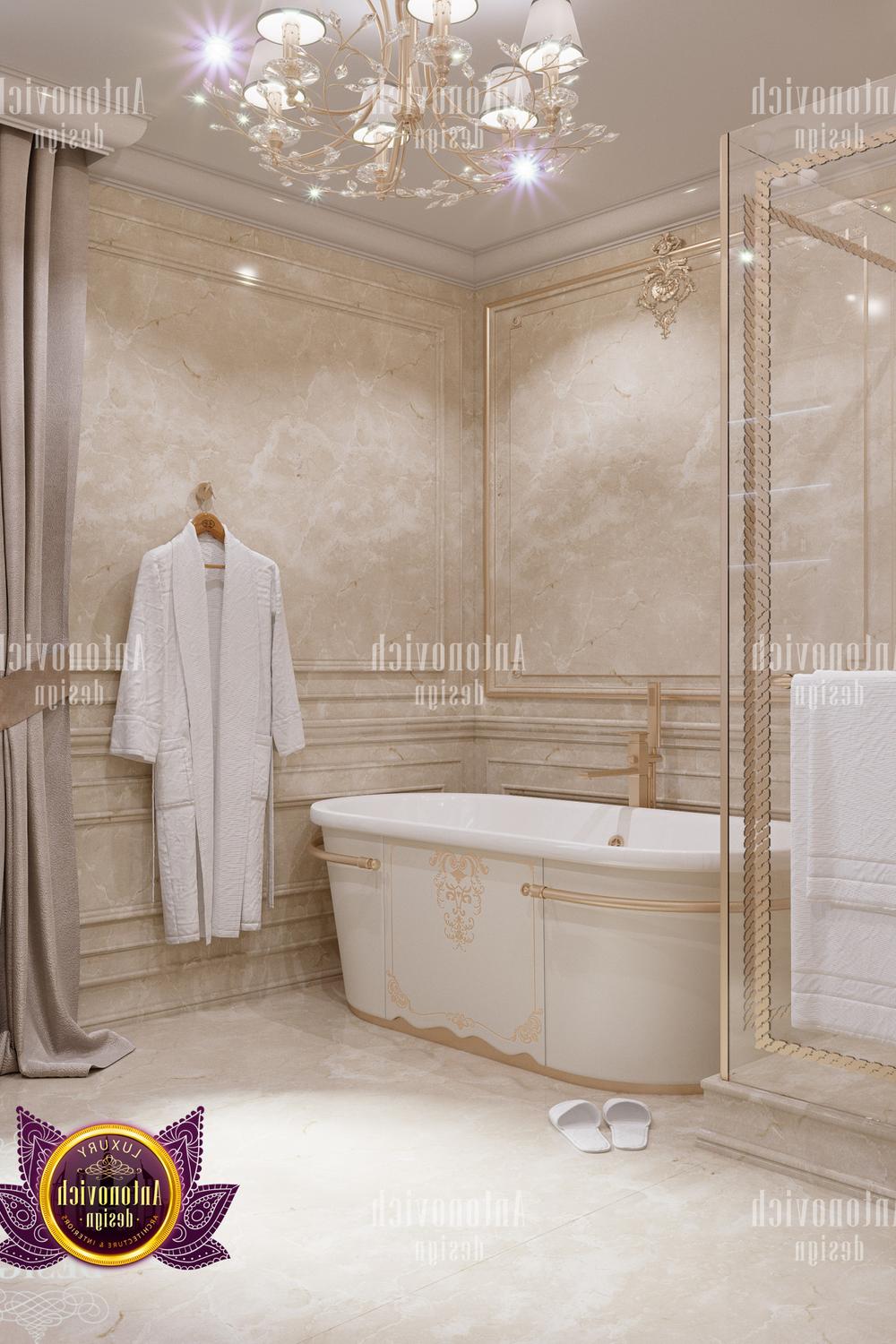 Elegant bathroom design featuring gold accents and a luxurious freestanding bathtub amidst polished marble walls.