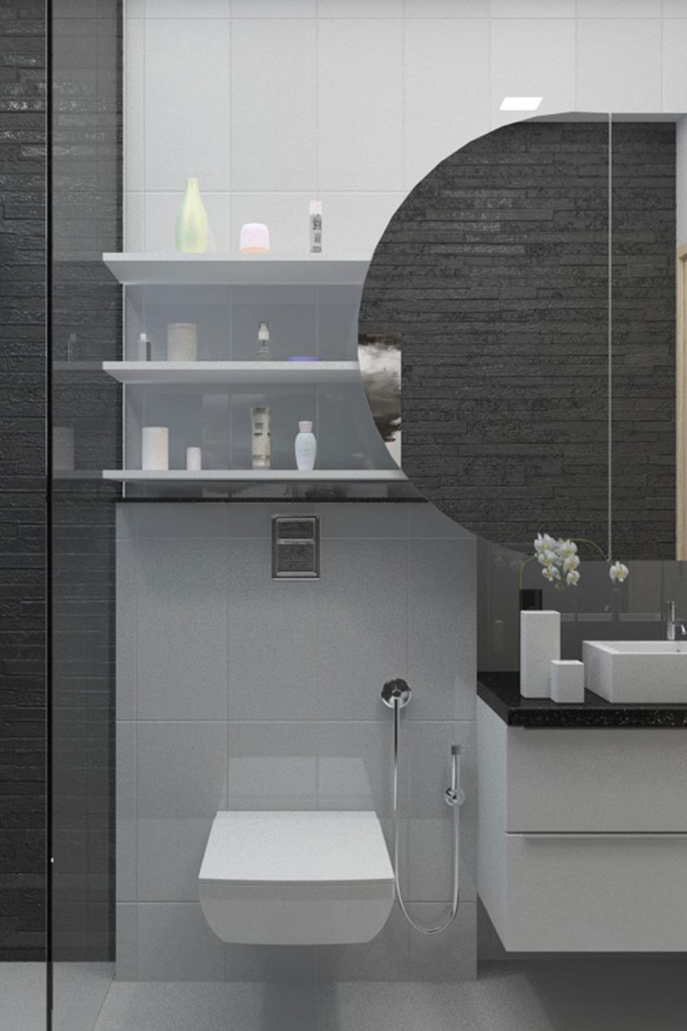 Modern bathroom showcasing a clean aesthetic with stylish decor and a harmonious color scheme.