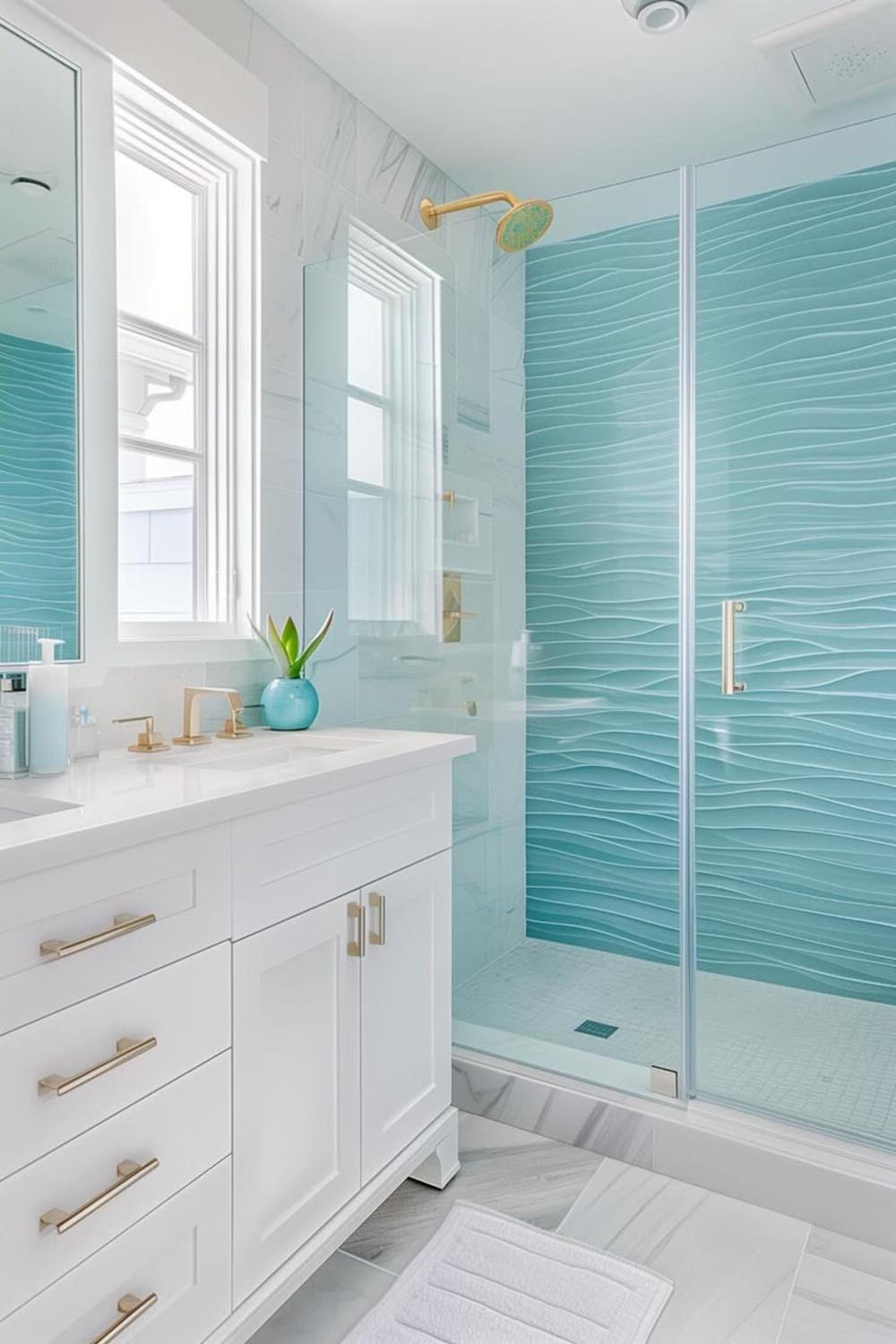 Baño costero con azulejos de azul texturizado en la ducha