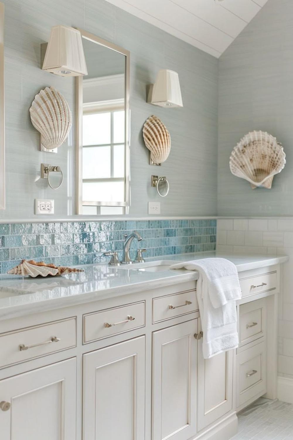 Baño costero aireado con azulejos en tonos claros