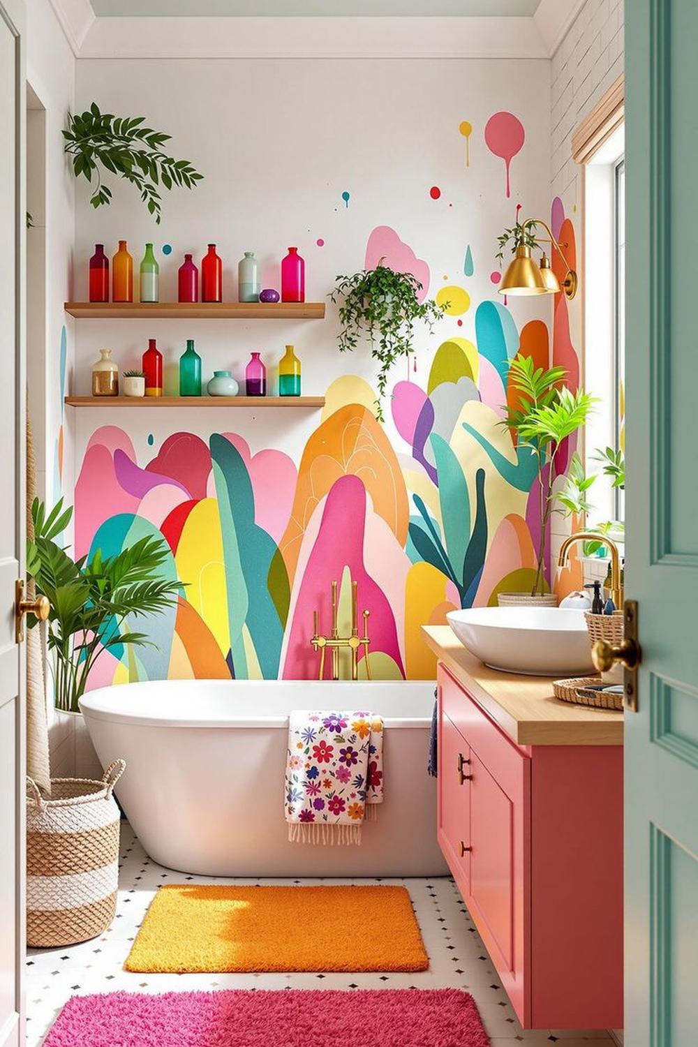 Baño artístico con mural colorido y decoración vibrante