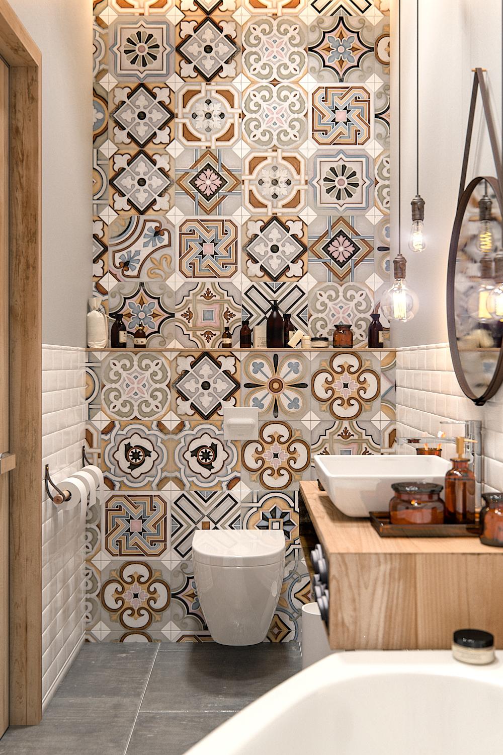 Stylish bathroom featuring soft pastel patterned tiles, wooden accents, and modern fixtures.