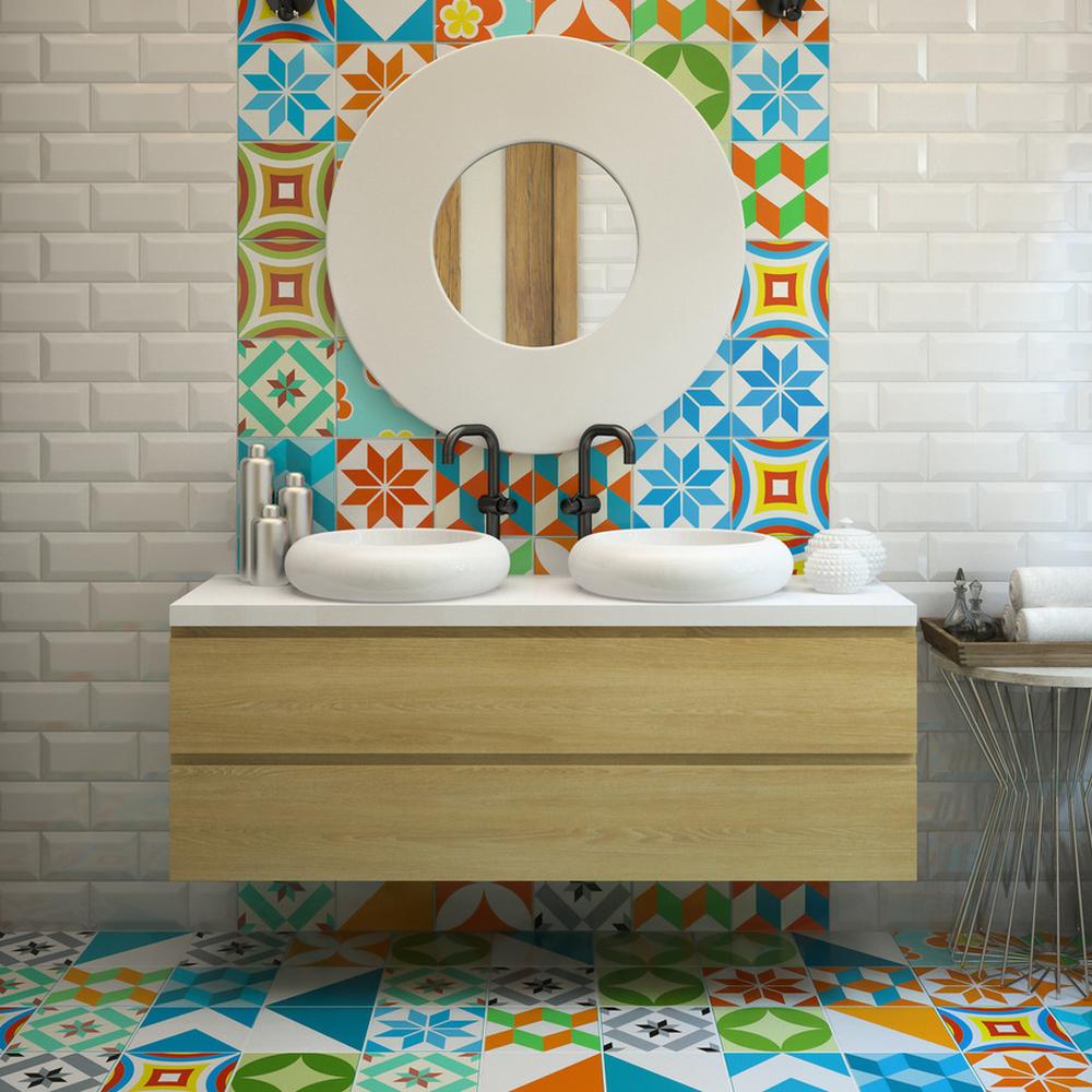 Contemporary bathroom with colorful geometric tiles and dual sinks.