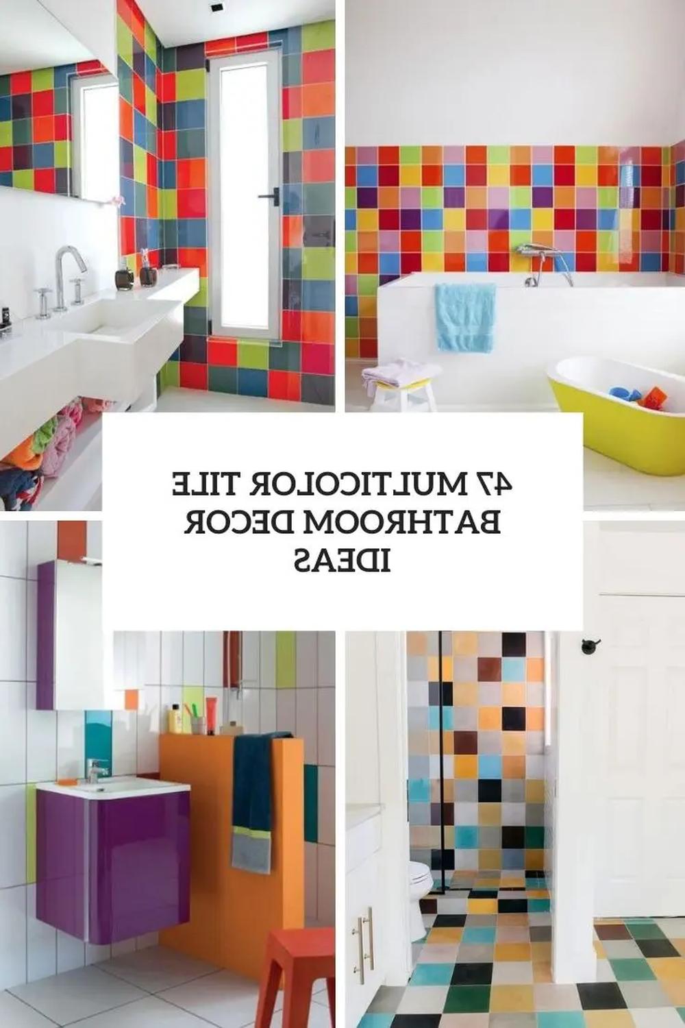 Vibrant collage of four distinct bathrooms, showcasing a colorful tile variety.