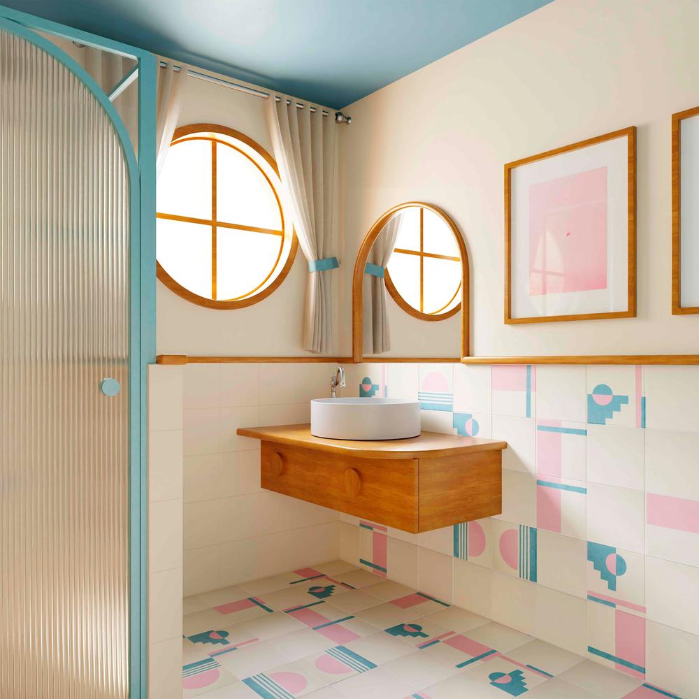 Chic bathroom highlighting pastel geometric tiles and airy natural light.