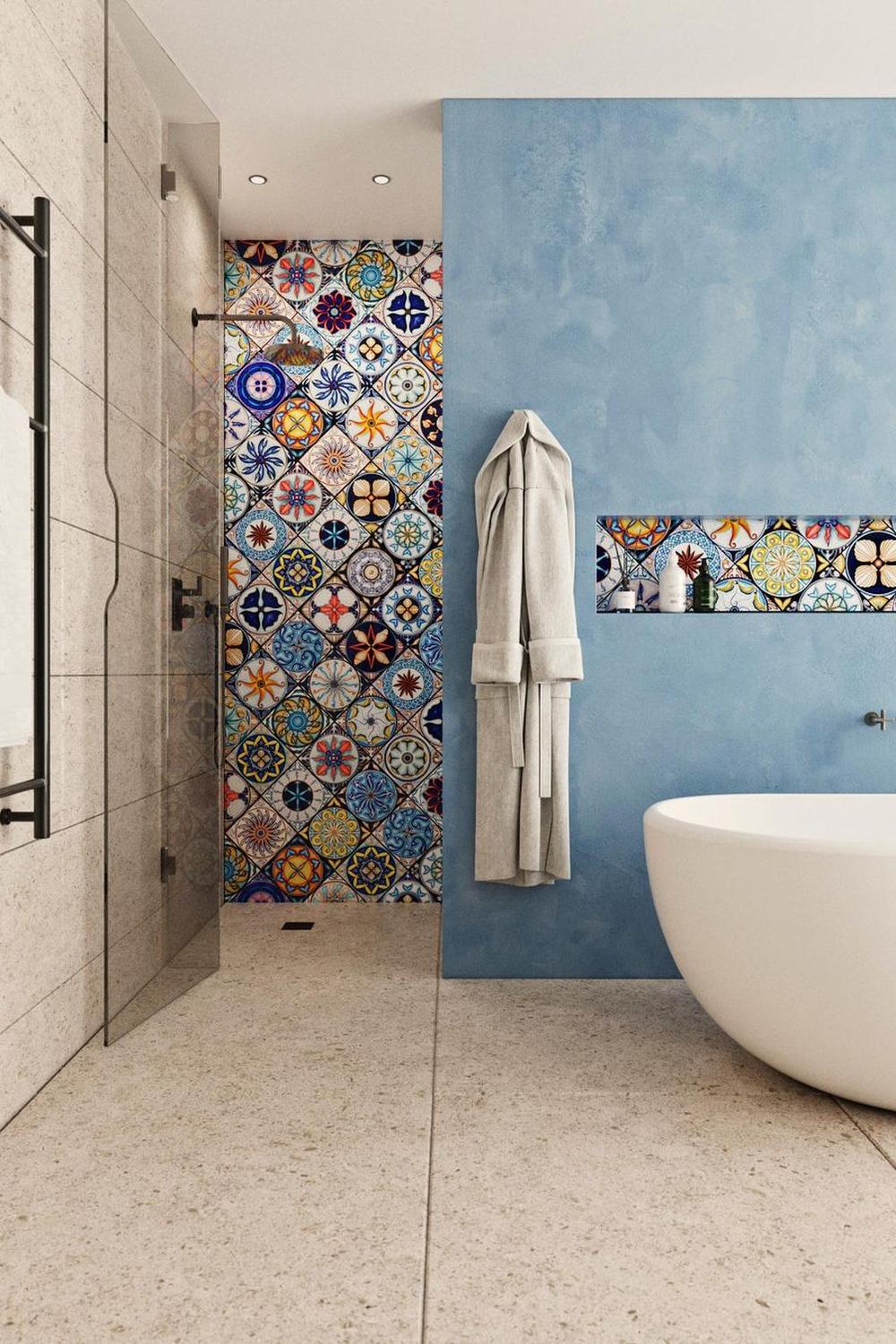 A variety of textured tiles highlighting vibrant colors to create personality.
