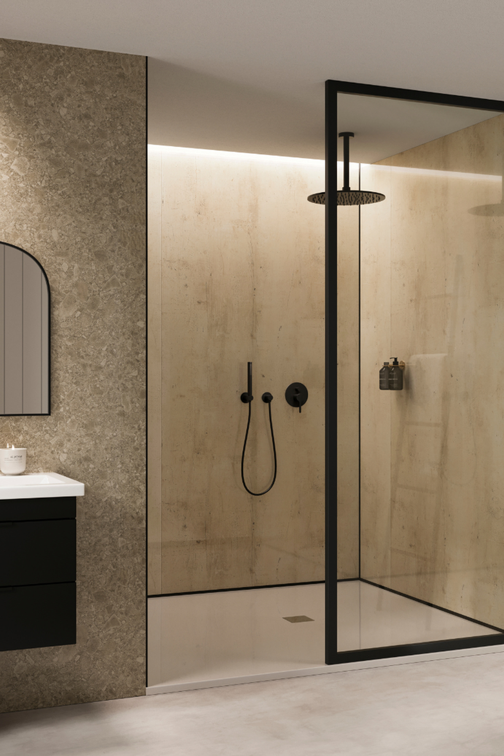 Baño con ducha de vidrio y hormigón