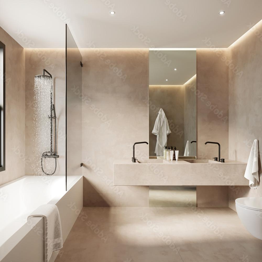 Baño elegante y acogedor con hormigón