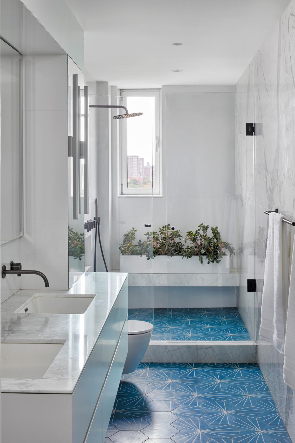 Contemporary bathroom with blue starburst floor tiles and integrated planter.