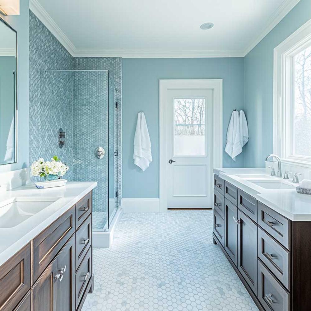Contemporary bathroom with soft blue walls, hexagon floor tiles, and dual vanities.