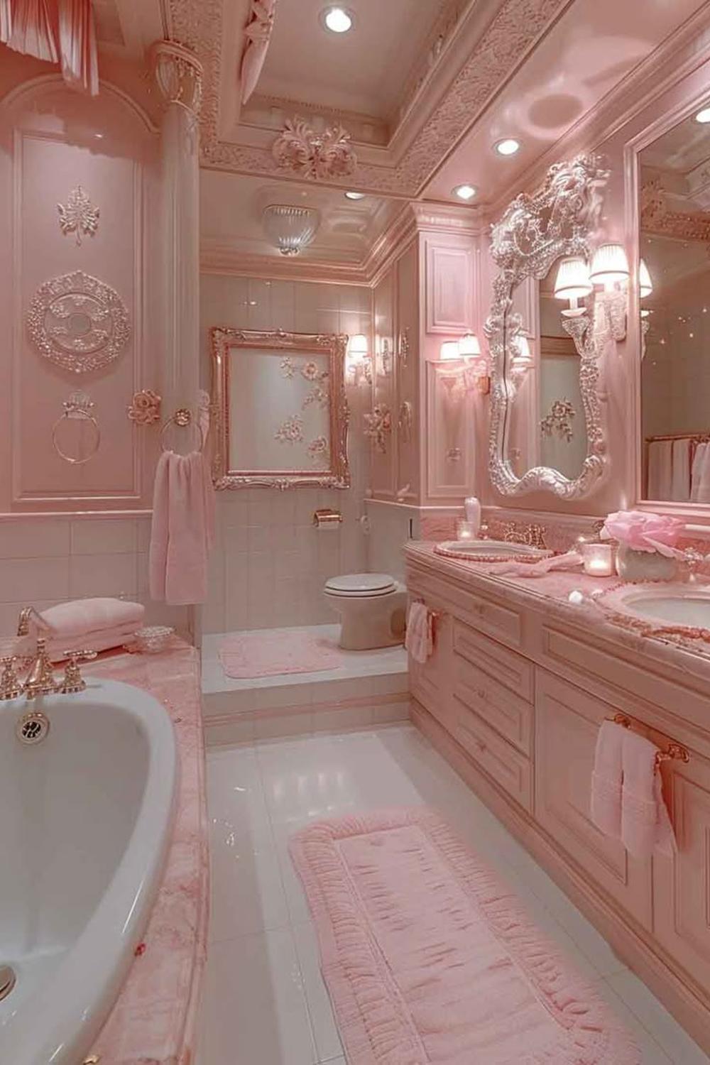 A luxurious coquette bathroom with a soft pink hue, elegant moldings, and a freestanding bathtub.