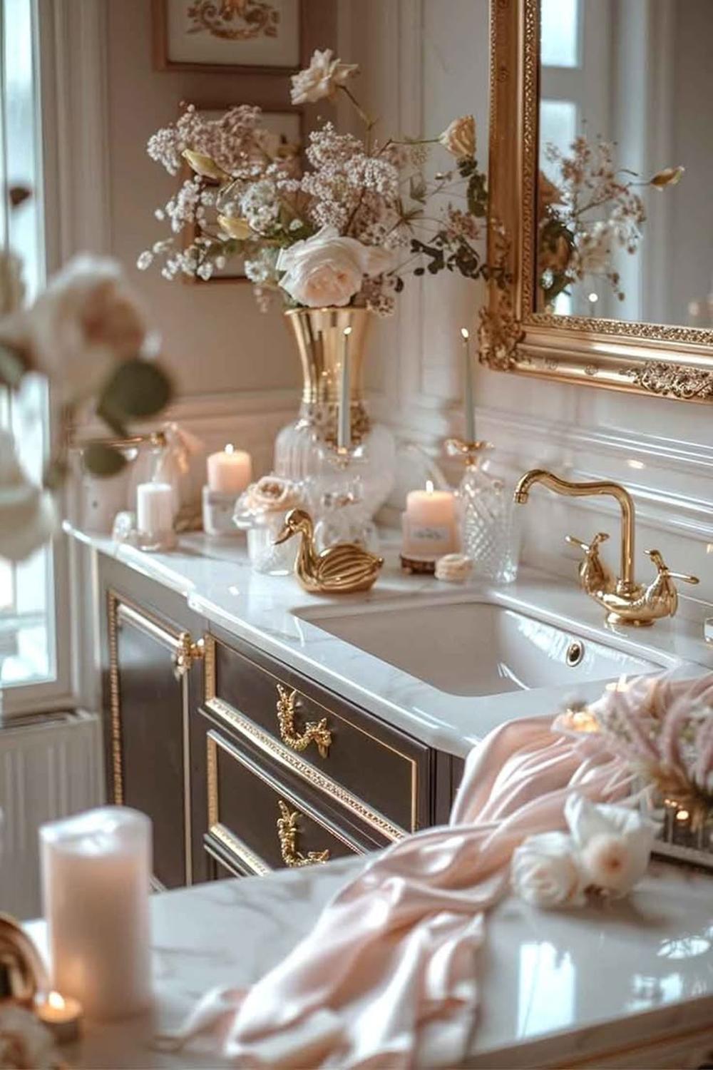 An elegant coquette bathroom with a warm gold and ivory color palette, showcasing intricate designs.