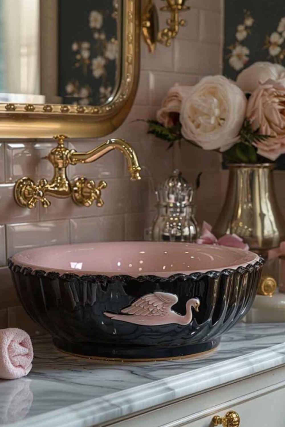 A beautifully styled coquette sink area with vintage details and floral accents.