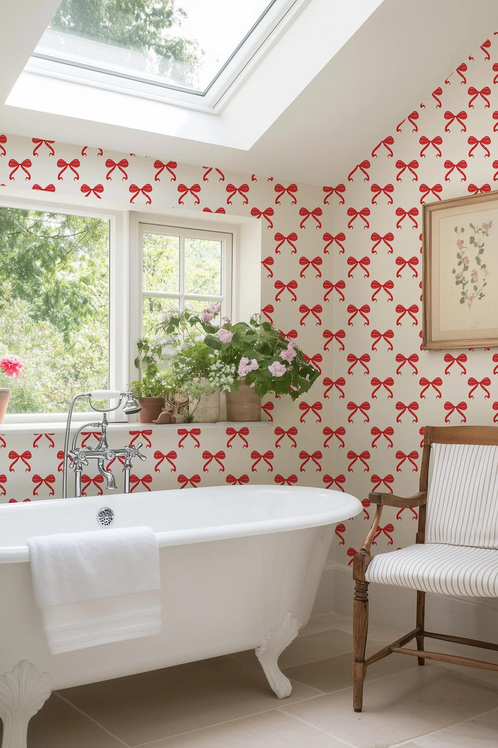 A vibrant coquette bathroom with red bows and a cozy atmosphere.