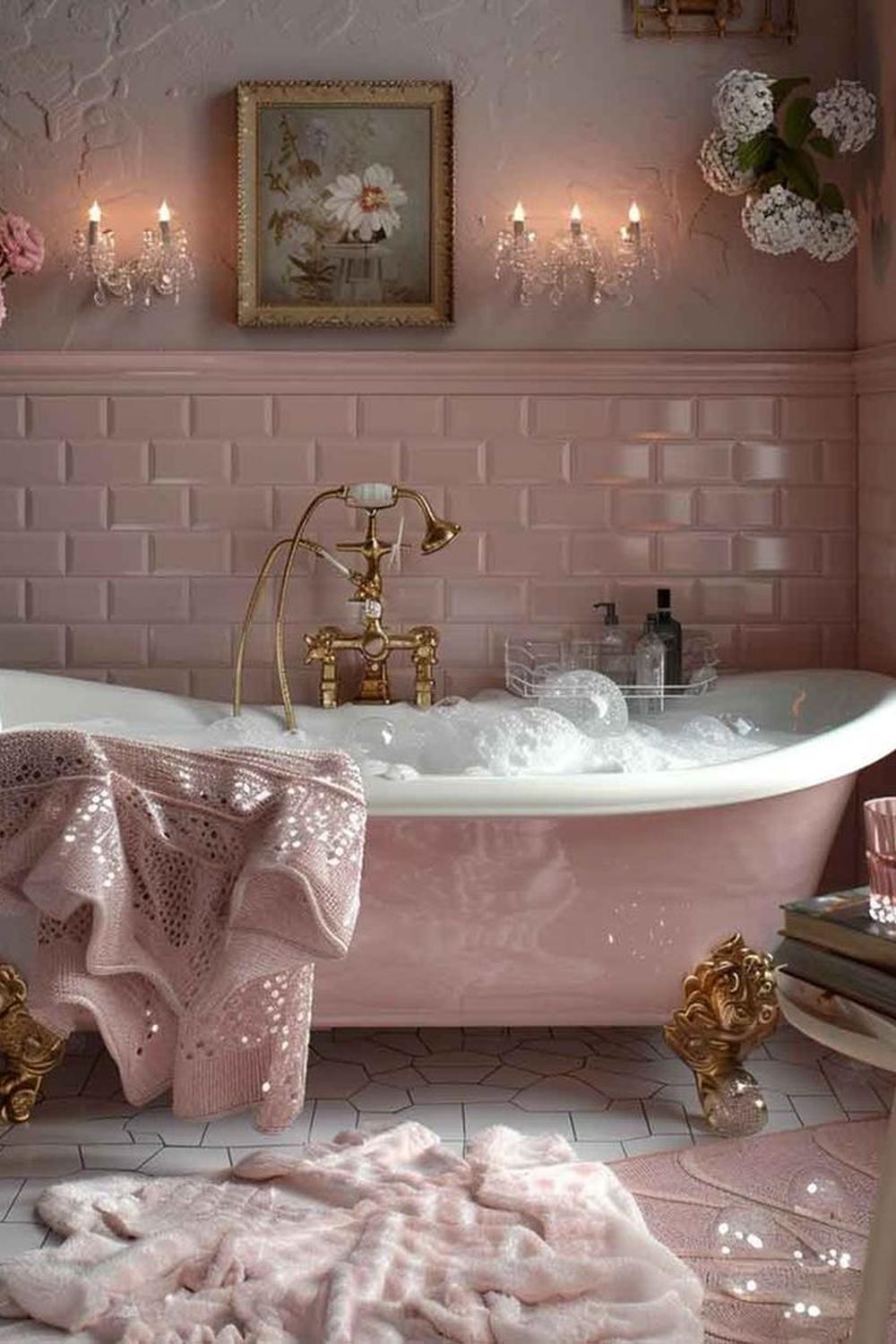 A romantic coquette bathroom with a pink bathtub and glowing sconces.