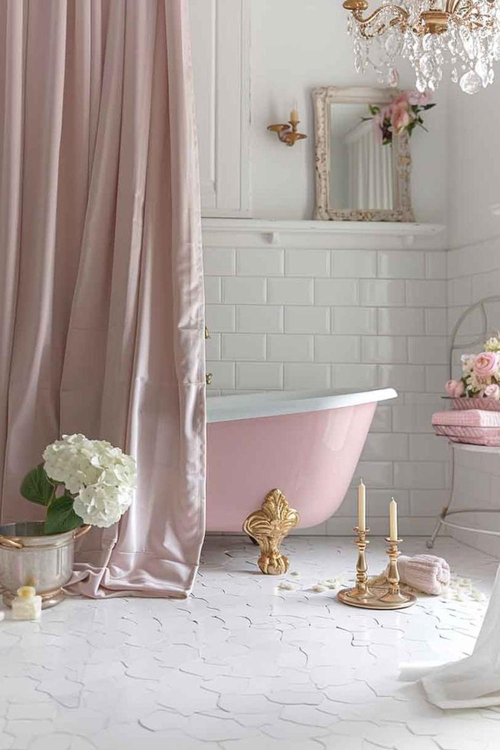 An elegant coquette bathroom with pastel hues and vintage details.
