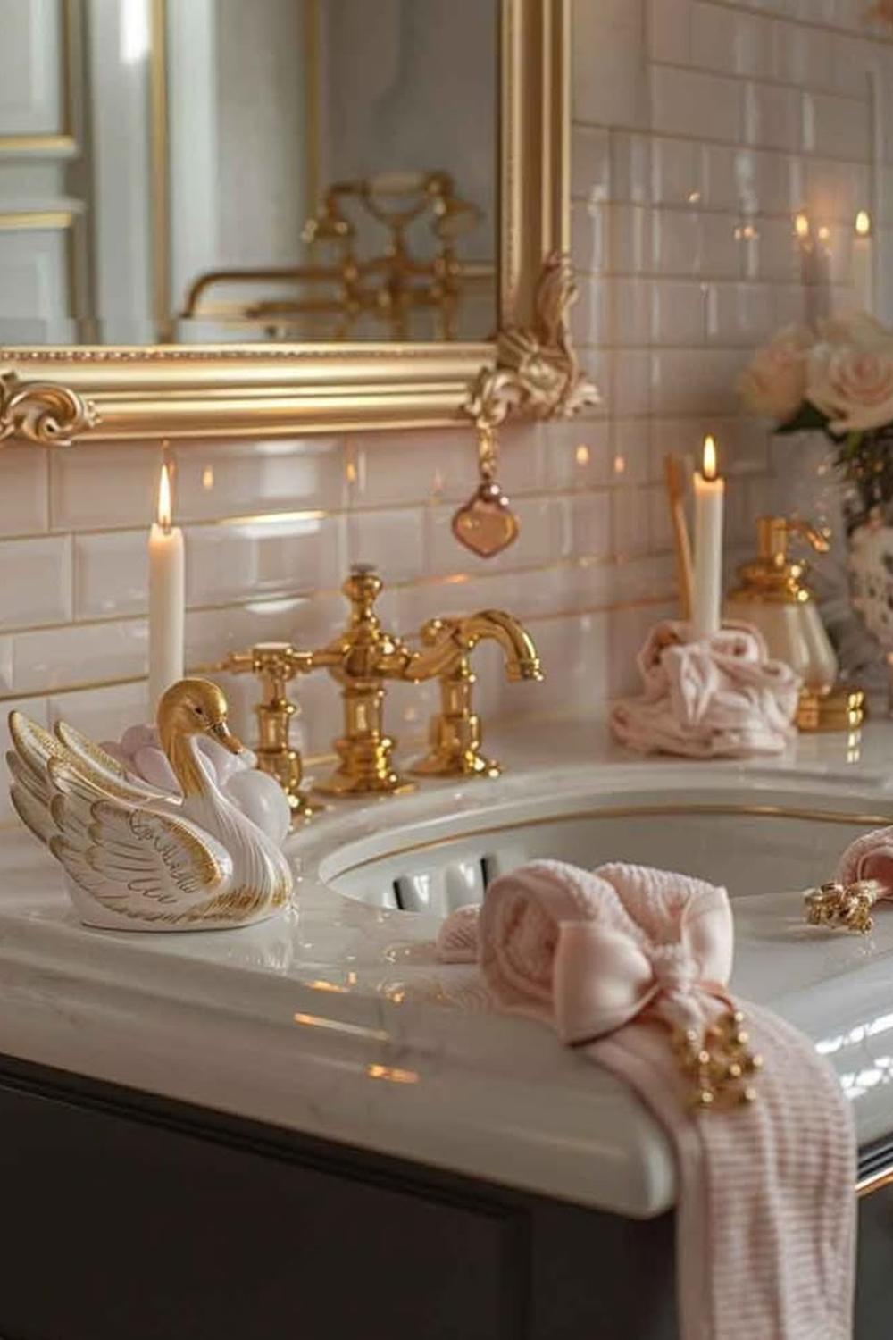 A coquette bathroom with a vintage sink and decorative accents.