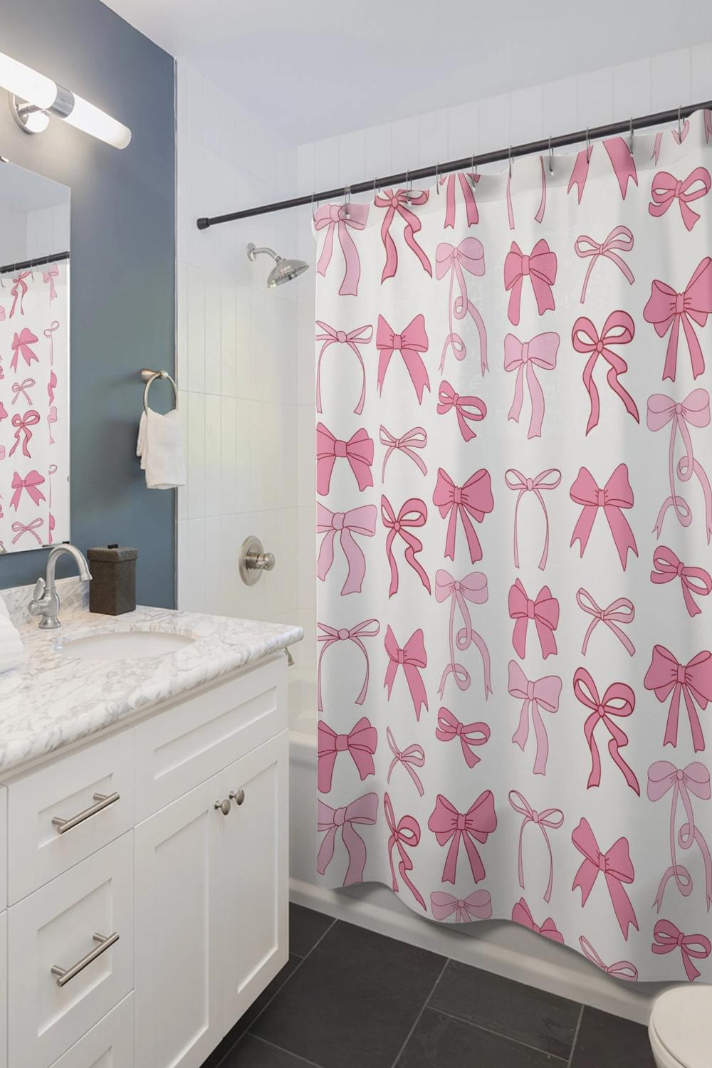 A bright coquette bathroom featuring playful bow patterns.