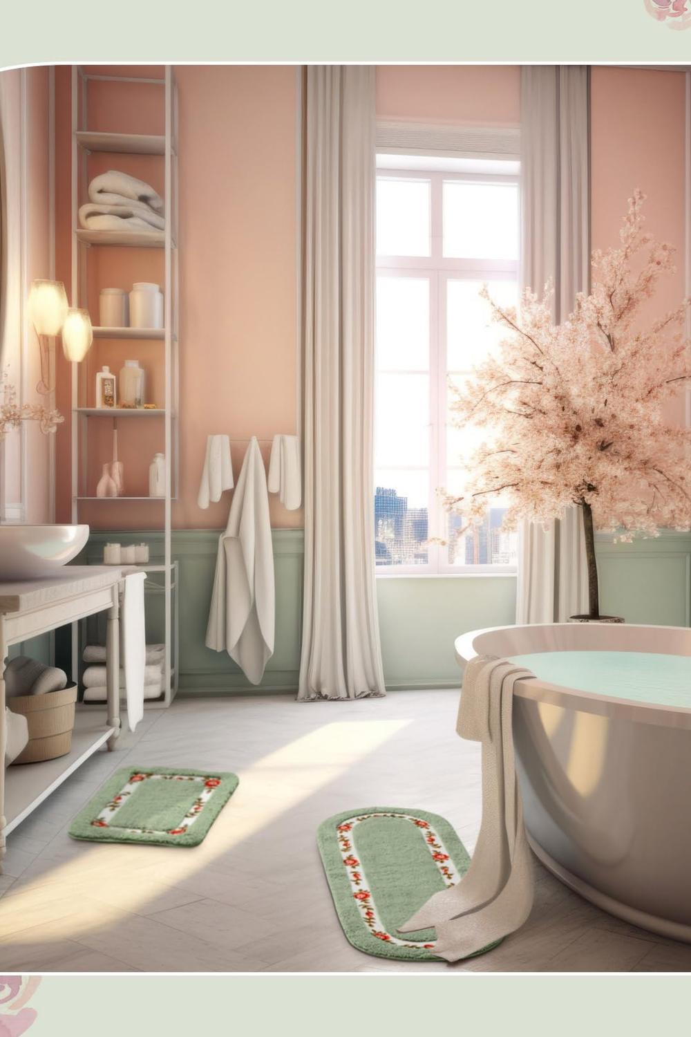 A coquette bathroom with a modern freestanding bathtub and pastel colors.