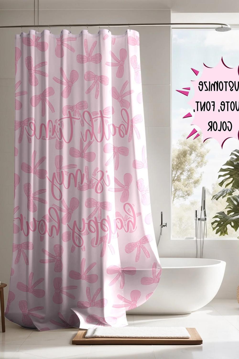 A bright coquette bathroom with a cheerful shower curtain and natural light.