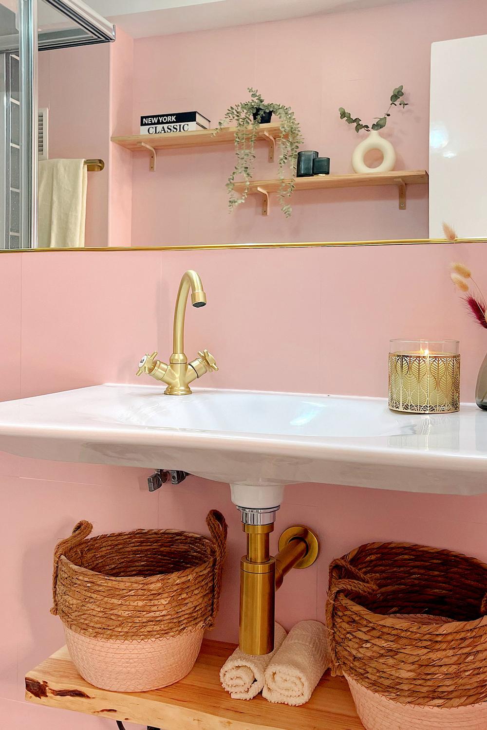 A coquette-styled bathroom with delicate pastel colors.