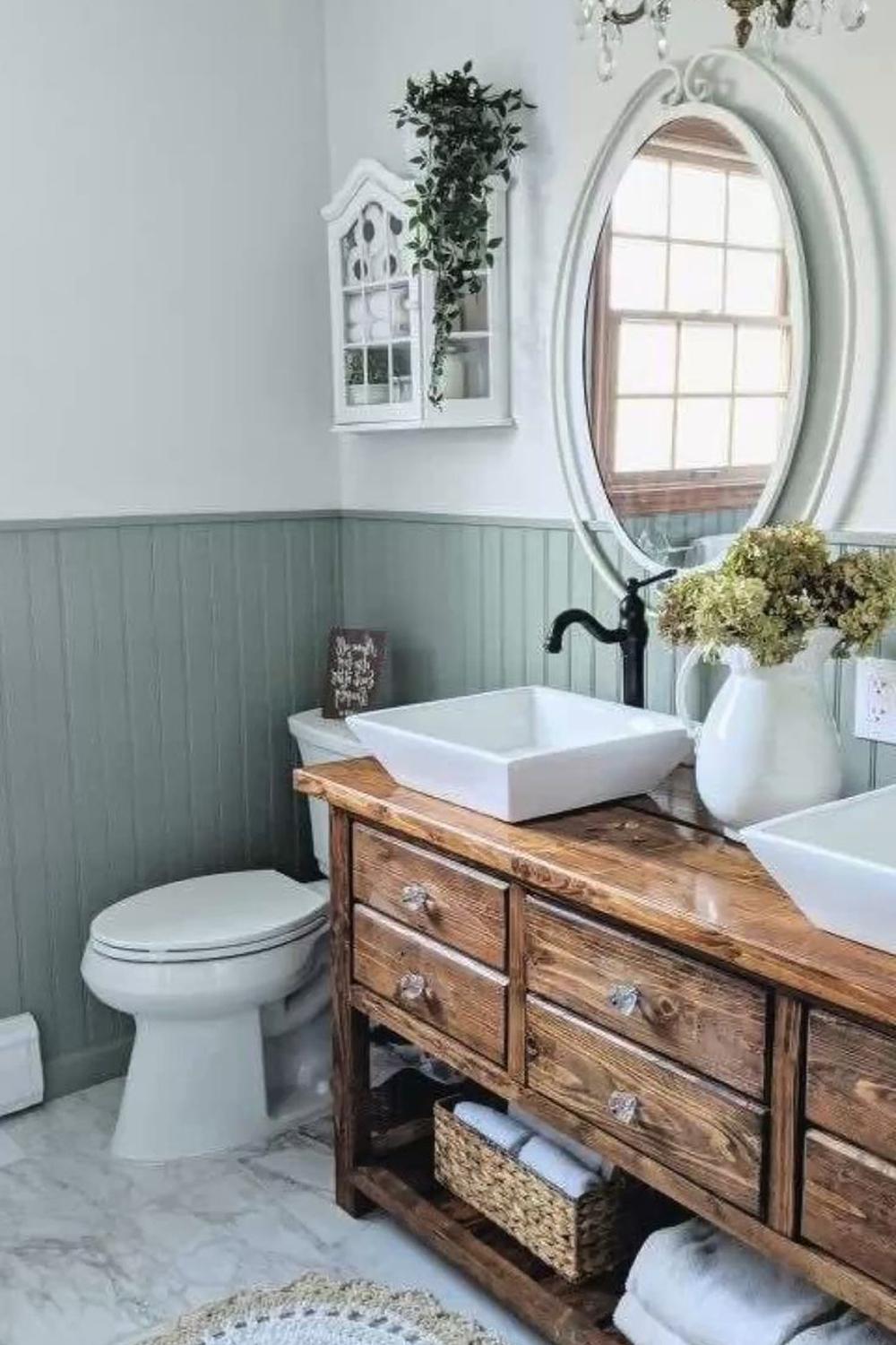 Cozy cottage bathroom showcasing rustic vanity, modern sinks, and soft decor.
