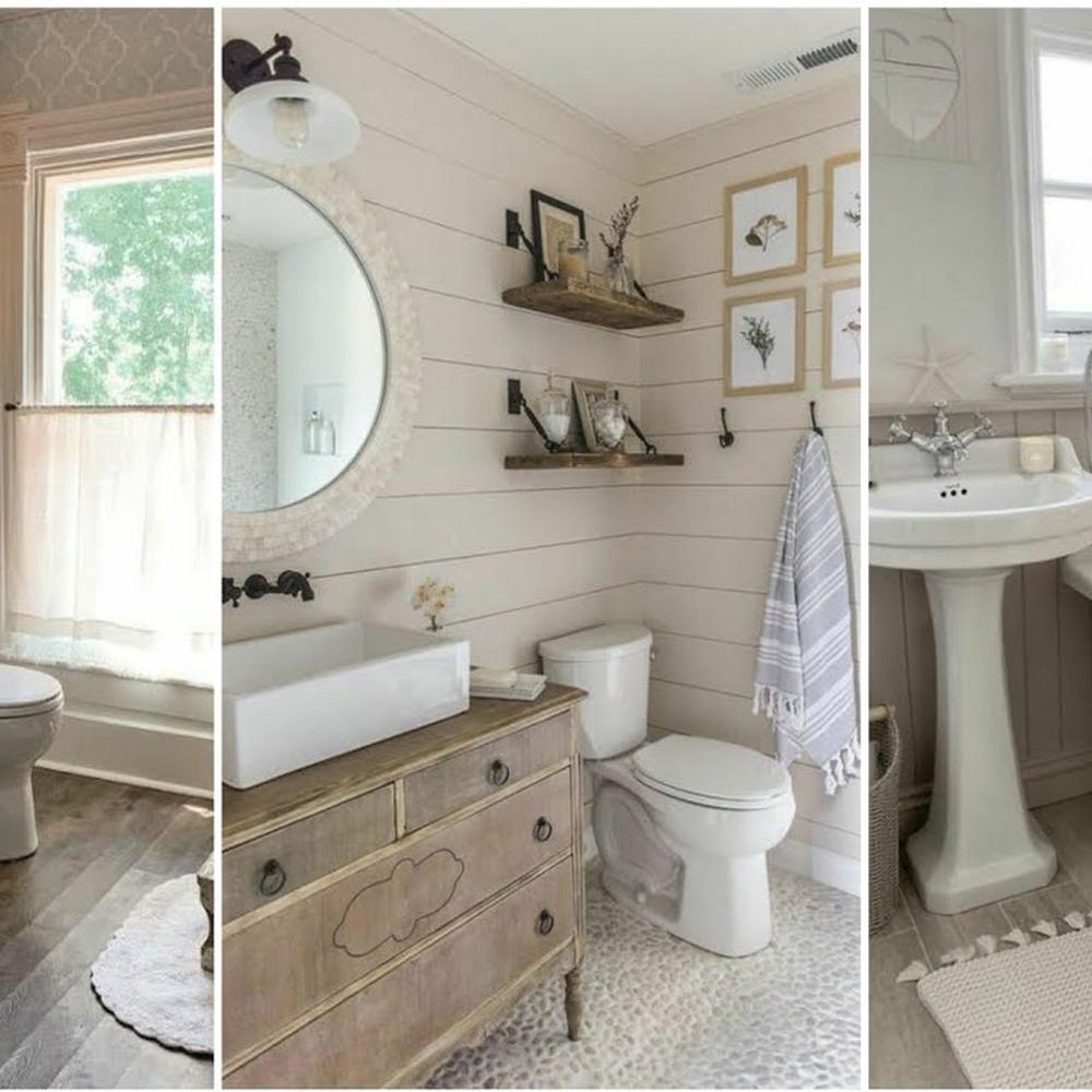 Three cohesive cottage bathroom designs featuring warmth and simplicity.