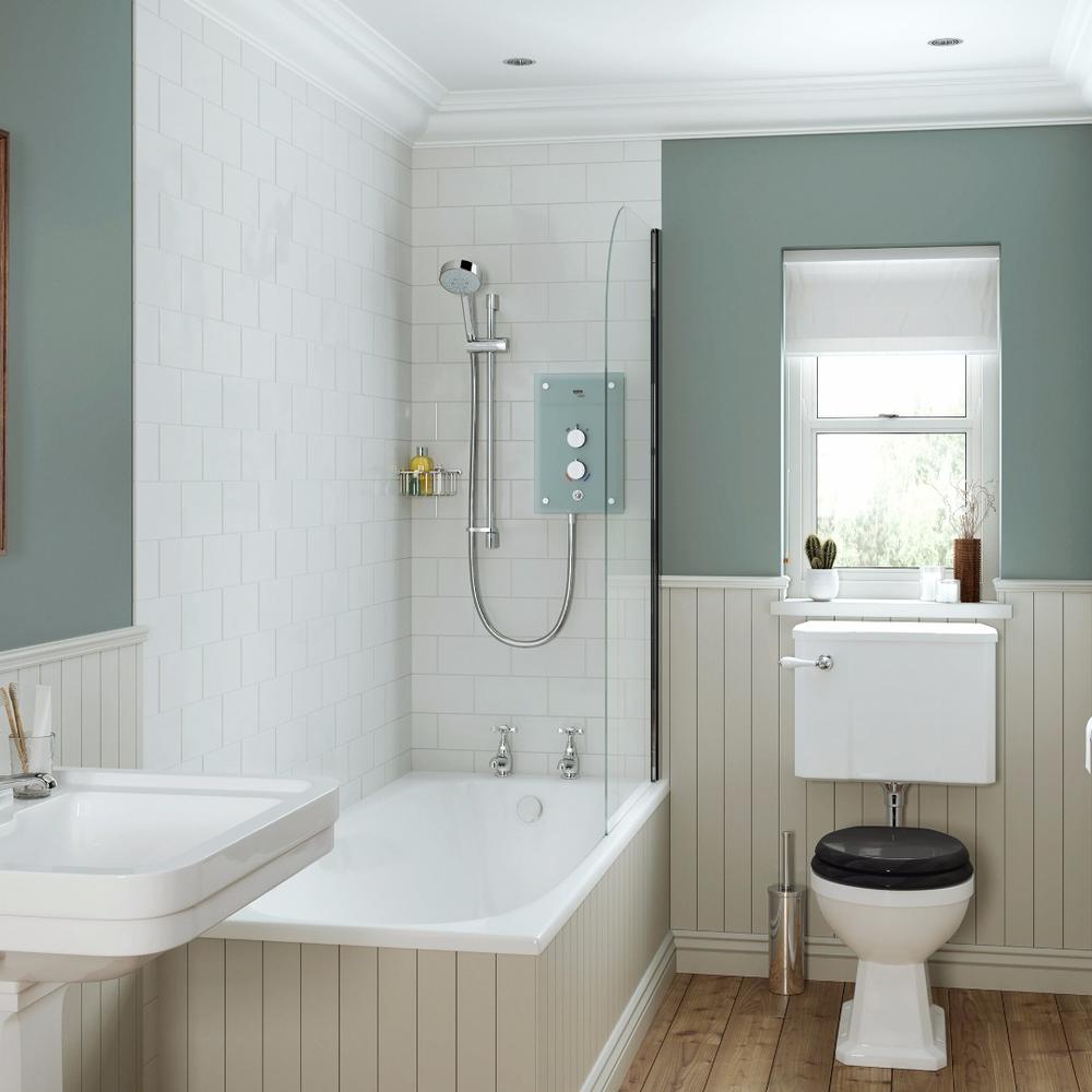 Charming cottage bathroom featuring modern influences and rustic touches.