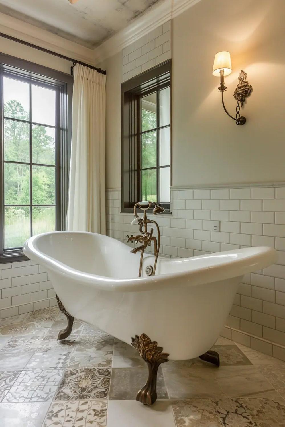 Cozy country bathroom featuring charming accents and a freestanding tub