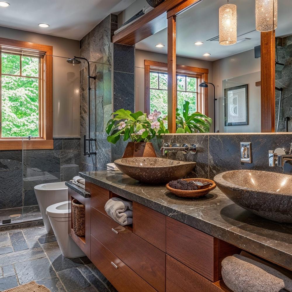 Diseño de baño con paleta de colores cálidos y elementos naturales