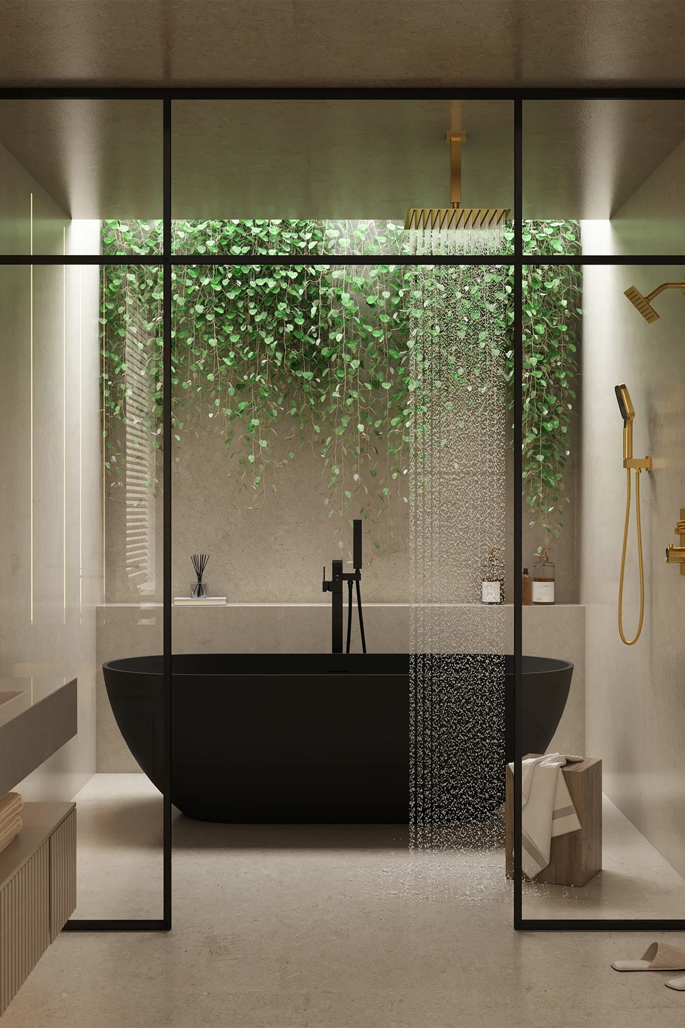 Baño contemporáneo con plantas y naturaleza