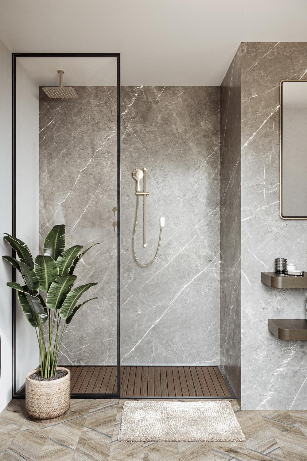 Baño moderno y elegante con ducha de vidrio