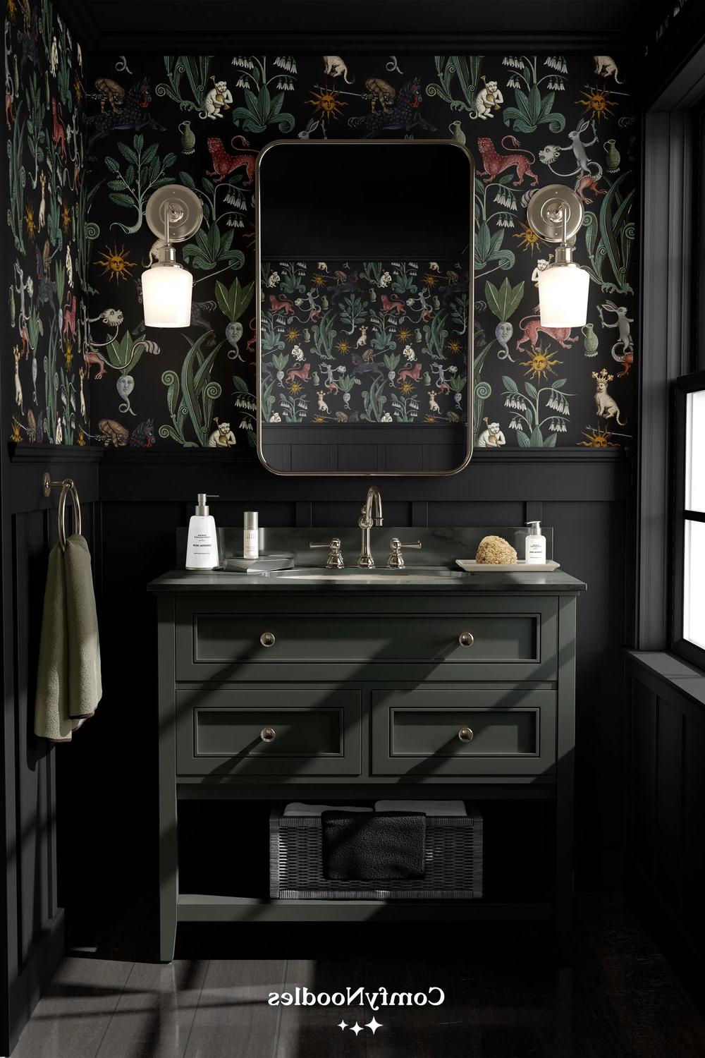 Baño con murales de naturaleza y elementos vintage.