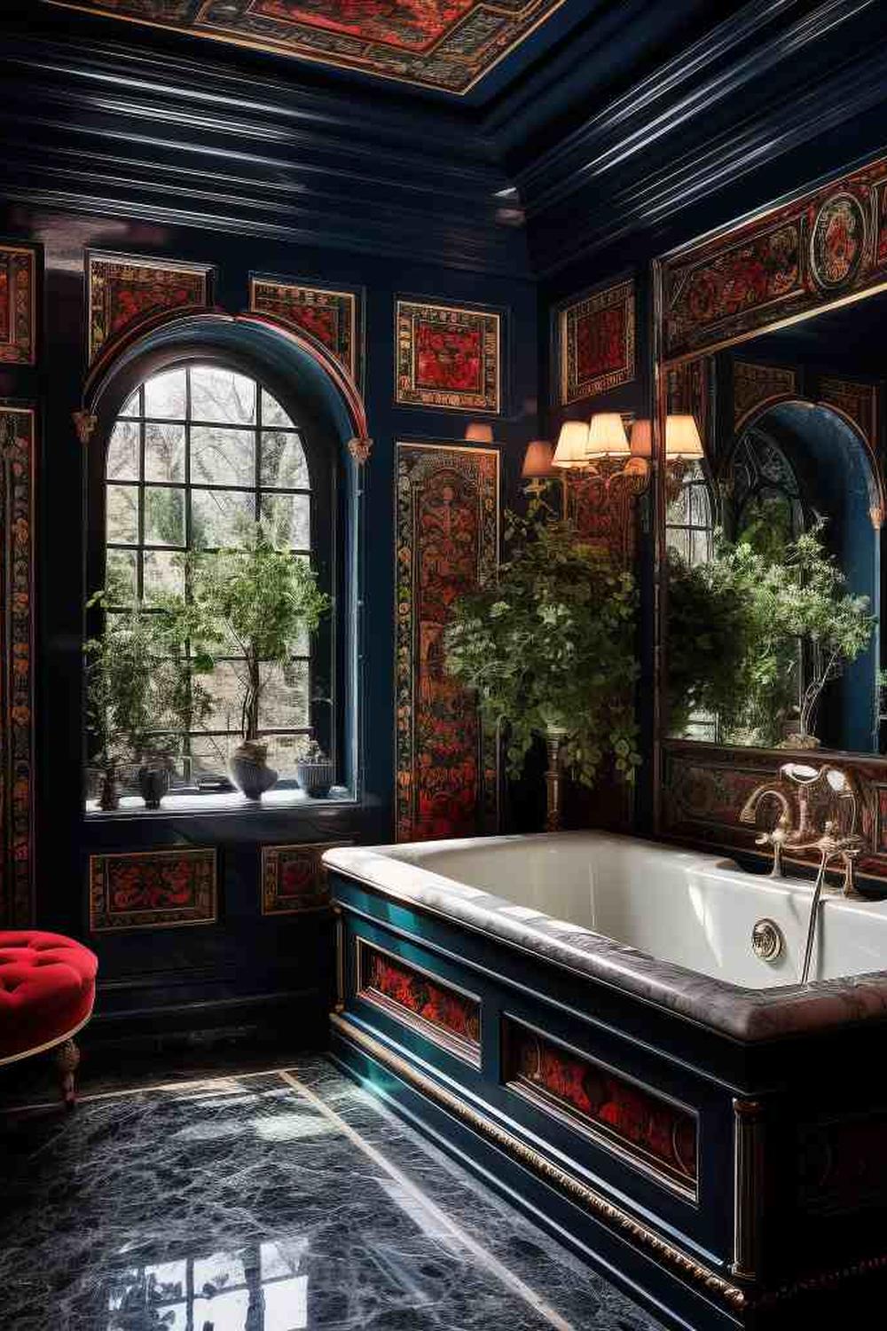 Baño con detalles ornamentales y una bañera elegante en un ambiente acogedor.