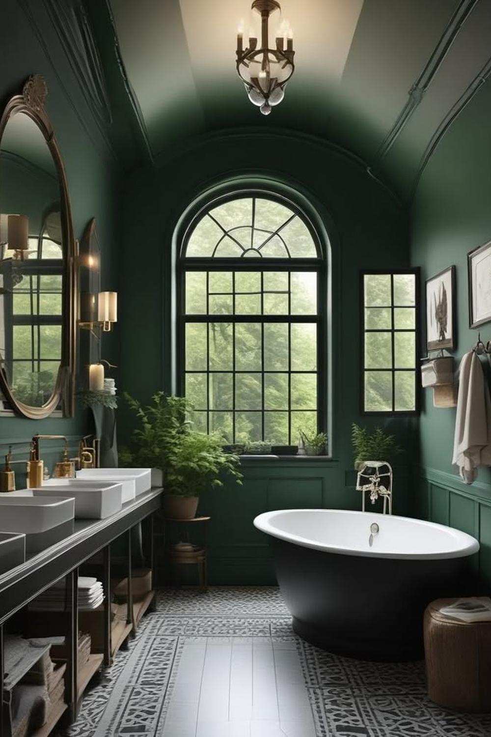 Baño de ensueño con acabados elegantes en verde y blanco.